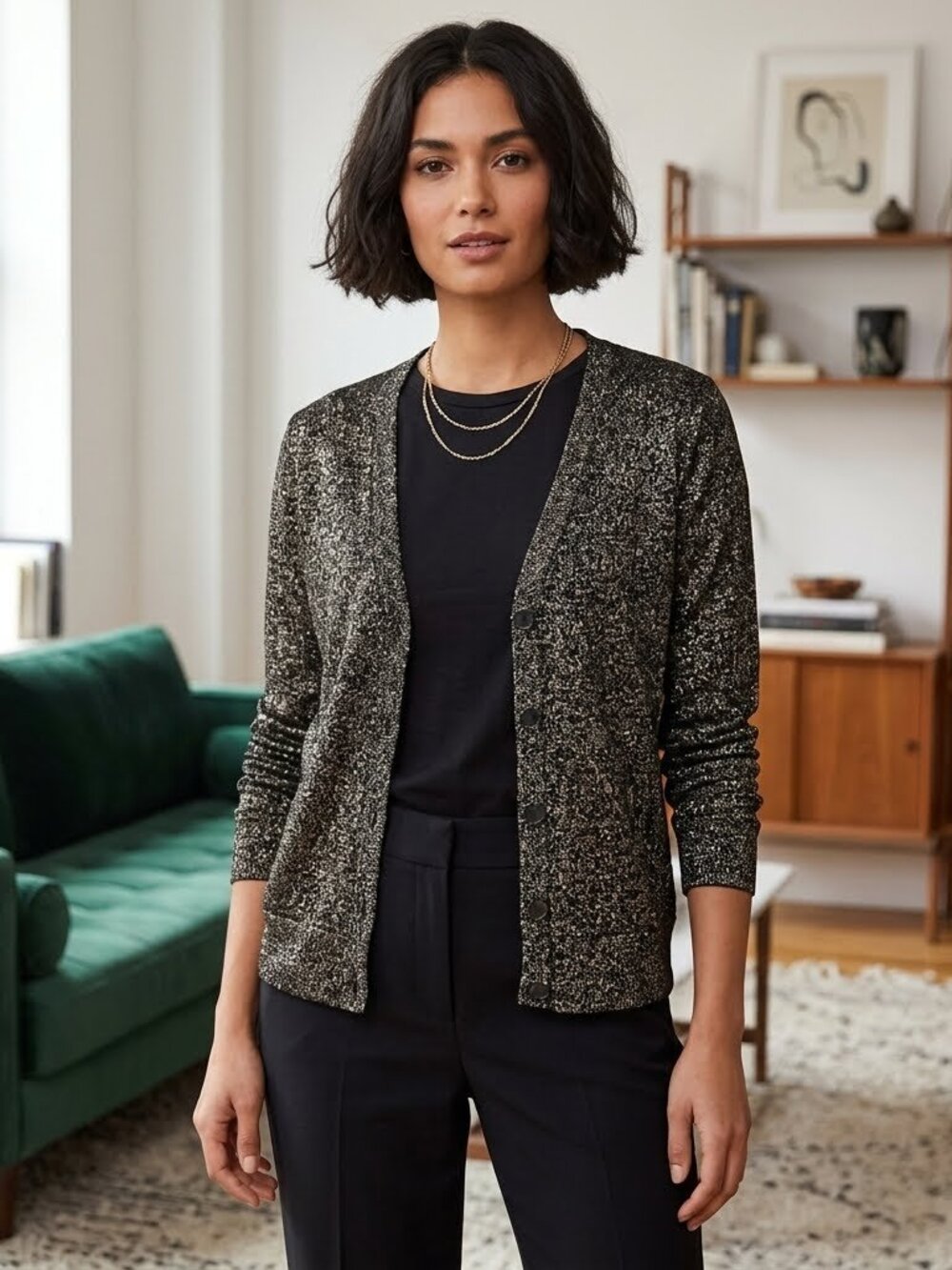 French Laundry Metallic Black V-Neck Cardigan Size M